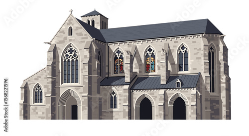 A meticulously rendered illustration of a Gothic-style stone church, showcasing its architectural details and stained-glass windows.