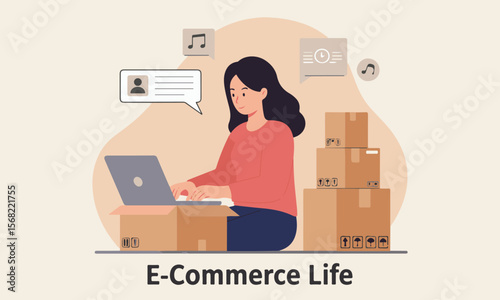 Female entrepreneur working on laptop surrounded by boxes, ideal for illustrating digital business setup, inventory, and e-commerce operations