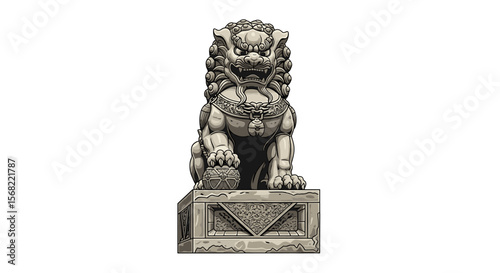 A majestic stone guardian lion statue, intricately carved, rests on a square pedestal, embodying traditional Asian artistry.