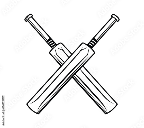 A set of illustrations featuring crossed bats, and a ball in silhouette and line art styles on white background