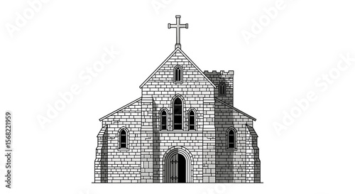 Monochromatic illustration of a historic stone church facade, featuring intricate architectural details.