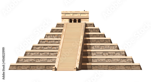 Imposing Mayan pyramid, sun-baked stone steps leading to a temple, isolated on white.