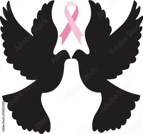 Breast Cancer Awareness Dove Silhouettes with Pink Ribbon Emblem Symbolizing Peace and Hope
