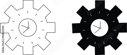 Gear Clock Icon - Black and White Mechanical Time Symbol