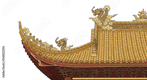 Illustration of the corner of a traditional Asian building roof with golden tiles and dragon ornaments.