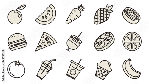 A  collection of thin line vector illustration icons in black different food-related concepts, such as burgers, fruits, drinks, meals, easily editable and scalable.