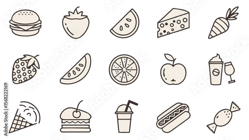 A  collection of thin line vector illustration icons in black different food-related concepts, such as burgers, fruits, drinks, meals, easily editable and scalable.