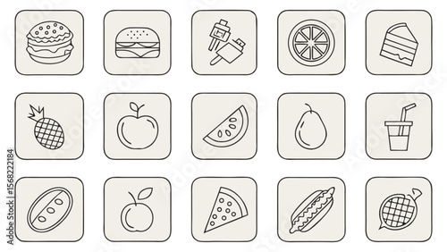 A  collection of thin line vector illustration icons in black different food-related concepts, such as burgers, fruits, drinks, meals, easily editable and scalable.
