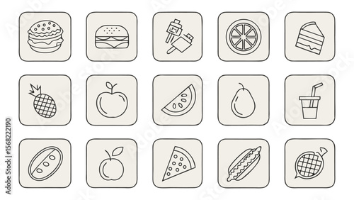 A  collection of thin line vector illustration icons in black different food-related concepts, such as burgers, fruits, drinks, meals, easily editable and scalable.