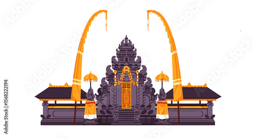 Stylized illustration of a Balinese temple, showcasing intricate architecture and traditional design elements.