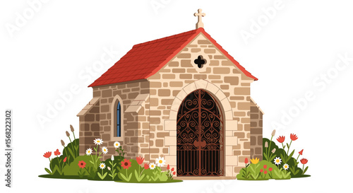 Illustration of a small stone chapel with a red tiled roof, surrounded by flowers and greenery.