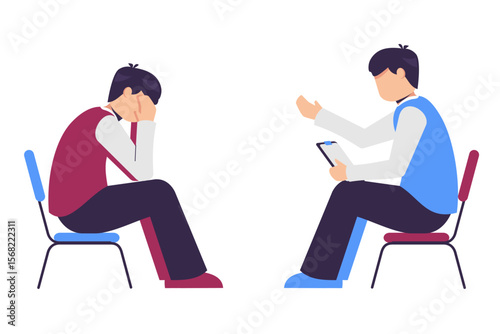 sad man talking with psychologist . Mental health, psychologist consultation and help. Vector illustration