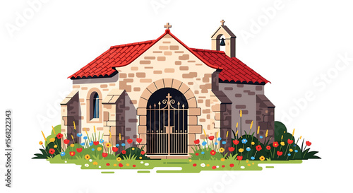 A charming, stylized illustration of a small stone chapel with a red tile roof, surrounded by wildflowers.
