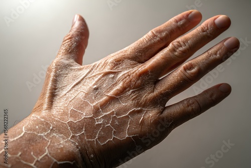 Close-up of human hand with dry, cracked, and flaking skin, revealing natural texture, visible discomfort, and untreated epidermal condition