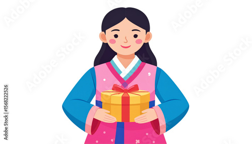 Korean Woman in Hanbok Holding a Gift Box Festive Illustration