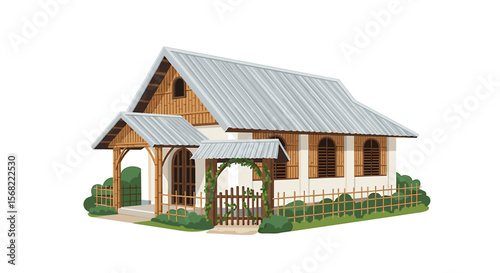 A charming, stylized illustration of a small, wooden country house with a garden and a covered porch.