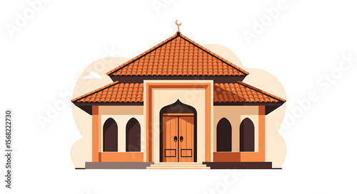 Flat illustration of a traditional mosque with terracotta roof and arched windows.
