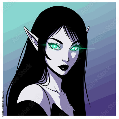 Fantasy elf woman with green eyes and long black hair in portrait  