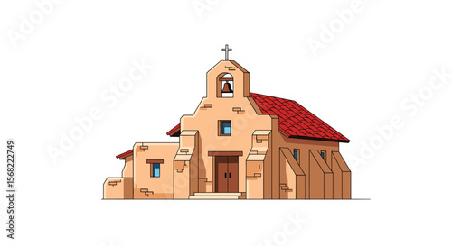A charming adobe mission church, depicted in a simple, illustrated style, features a red tile roof and a small bell tower.