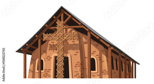 Rustic wooden church with a large, woven cross.