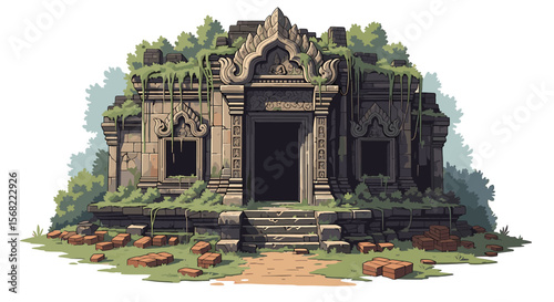Ancient stone temple with intricate carvings, overgrown with vegetation, standing on a grassy area.