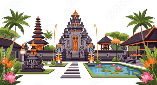 A vibrant illustration of a traditional Balinese temple complex, showing intricate architecture and lush gardens.