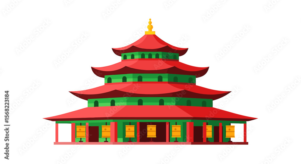 Obraz premium A vibrant illustration of a five-tiered East Asian pagoda, showcasing its red roofs and green eaves against a white background.