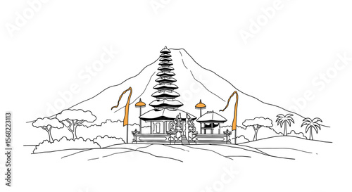 Simple line drawing of a Balinese temple complex nestled against a volcano, surrounded by tropical vegetation.