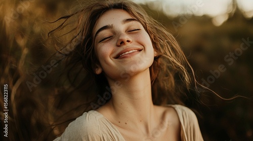 Joyful Young Woman Smiling in Nature on a Sunny Day