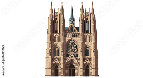 A detailed illustration of a large, ornate, light beige cathedral facade.