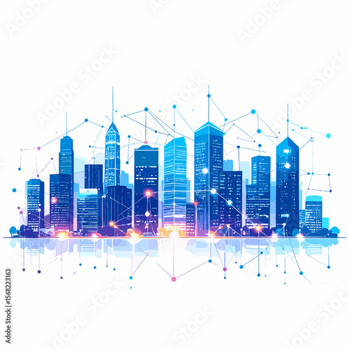 Vibrant Blue Cityscape Skyline Illustration with Watercolor Effect Urban Scene at Night with Towering Skyscrapers and Abstract Geometric Design