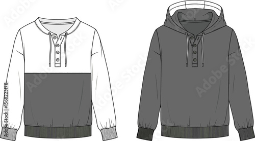 Front and back view of stylish men’s pullover henley hoodie with button placket and drawstring, fashion flat sketch illustration template design.