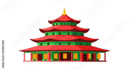 A vibrant illustration of a five-tiered East Asian pagoda, showcasing its red roofs and green eaves against a white background.