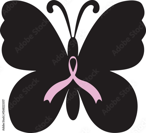 Breast Cancer Awareness Butterfly Silhouette with Pink Ribbon Symbolizing Hope and Support
