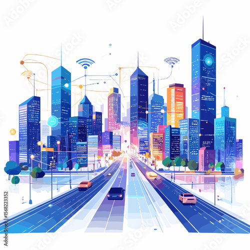 Vibrant Cityscape Illustration Featuring Blue Skyscrapers and Urban Road Network Under White Sky