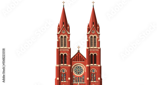 A majestic red brick cathedral with twin spires, showcasing intricate architectural details and a large rose window.