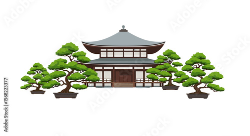 A symmetrical illustration of a traditional Japanese temple surrounded by bonsai trees.