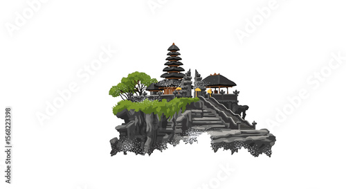 A detailed illustration of a traditional Balinese temple complex perched on rocky cliffs.