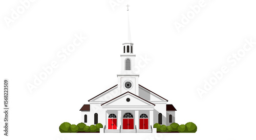 White church building with red doors, steeple, and surrounding green bushes on a white background.