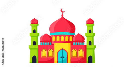 Colorful illustration of a mosque, featuring vibrant red, yellow, and green tones, showcasing its architectural details and iconic domes.
