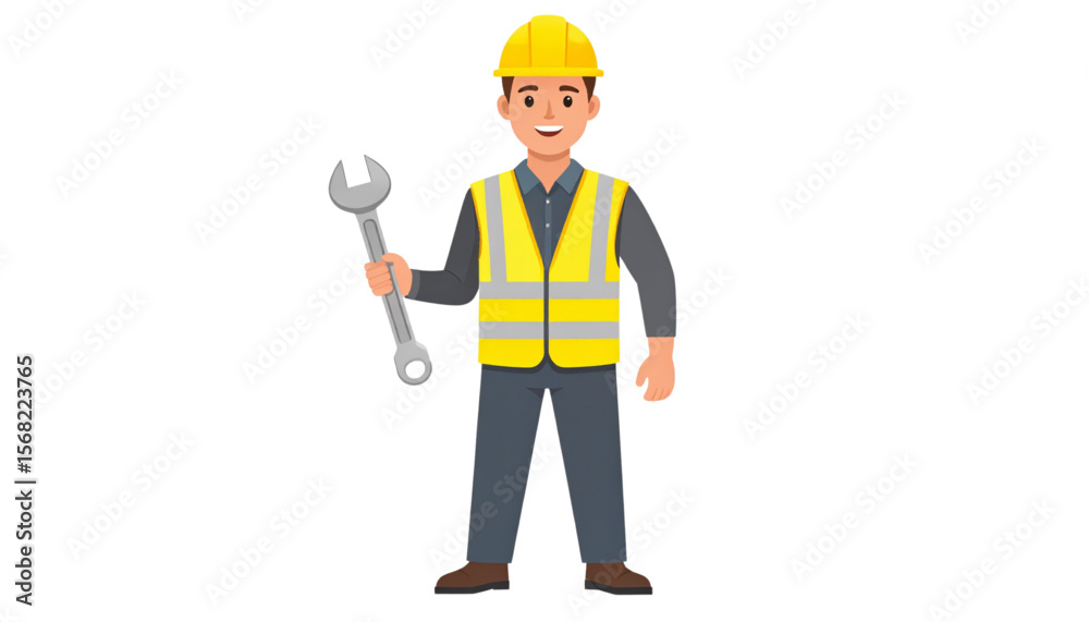 Smiling Construction Worker Holding Wrench Safety, Repair, and Maintenance Illustration Smiling Construction Worker Holding Wrench Safety, Repair, and Maintenance Illustration