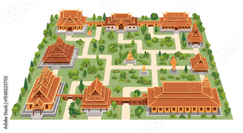 A stylized map of a Thai temple complex, showcasing numerous buildings and gardens.