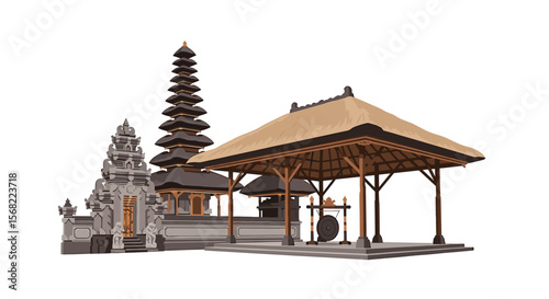 A Balinese temple complex illustration, showcasing traditional architecture with a tiered pagoda and open pavilion.