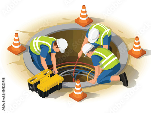 Three construction workers wearing hard hats and safety vests are working on electrical cables inside a manhole with traffic cones around isolated on white background