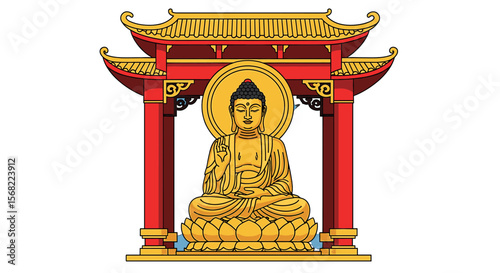 Golden Buddha statue seated serenely within a traditional red and gold Chinese-style pavilion.