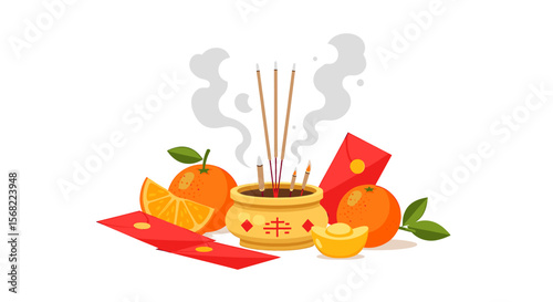 A festive illustration featuring incense, oranges, and red envelopes, celebrating a cultural event.