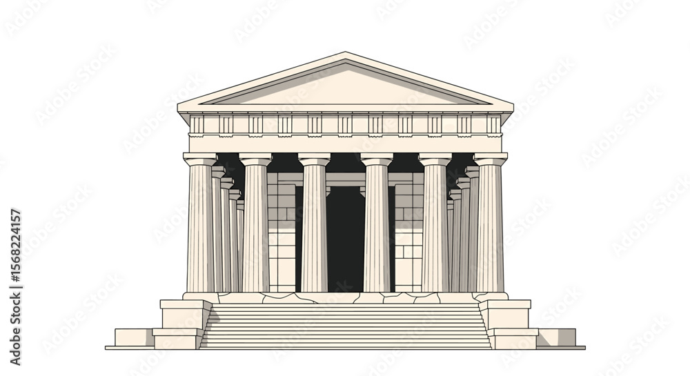 Fototapeta premium Classical temple facade, architectural illustration, six columns, pediment, steps.