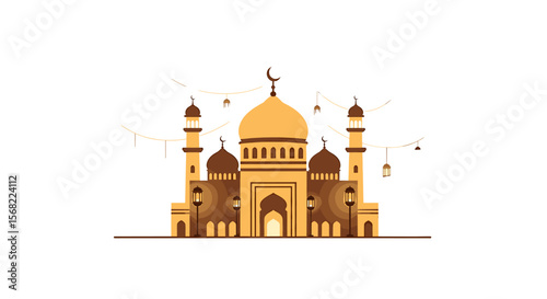 Golden mosque illustration with decorative lanterns and crescent moon.