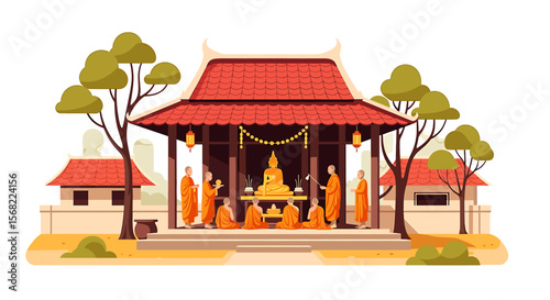 Buddhist monks meditate before a golden Buddha statue within a serene temple courtyard.