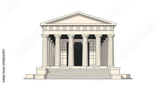 Classical temple facade, architectural illustration, six columns, pediment, steps.